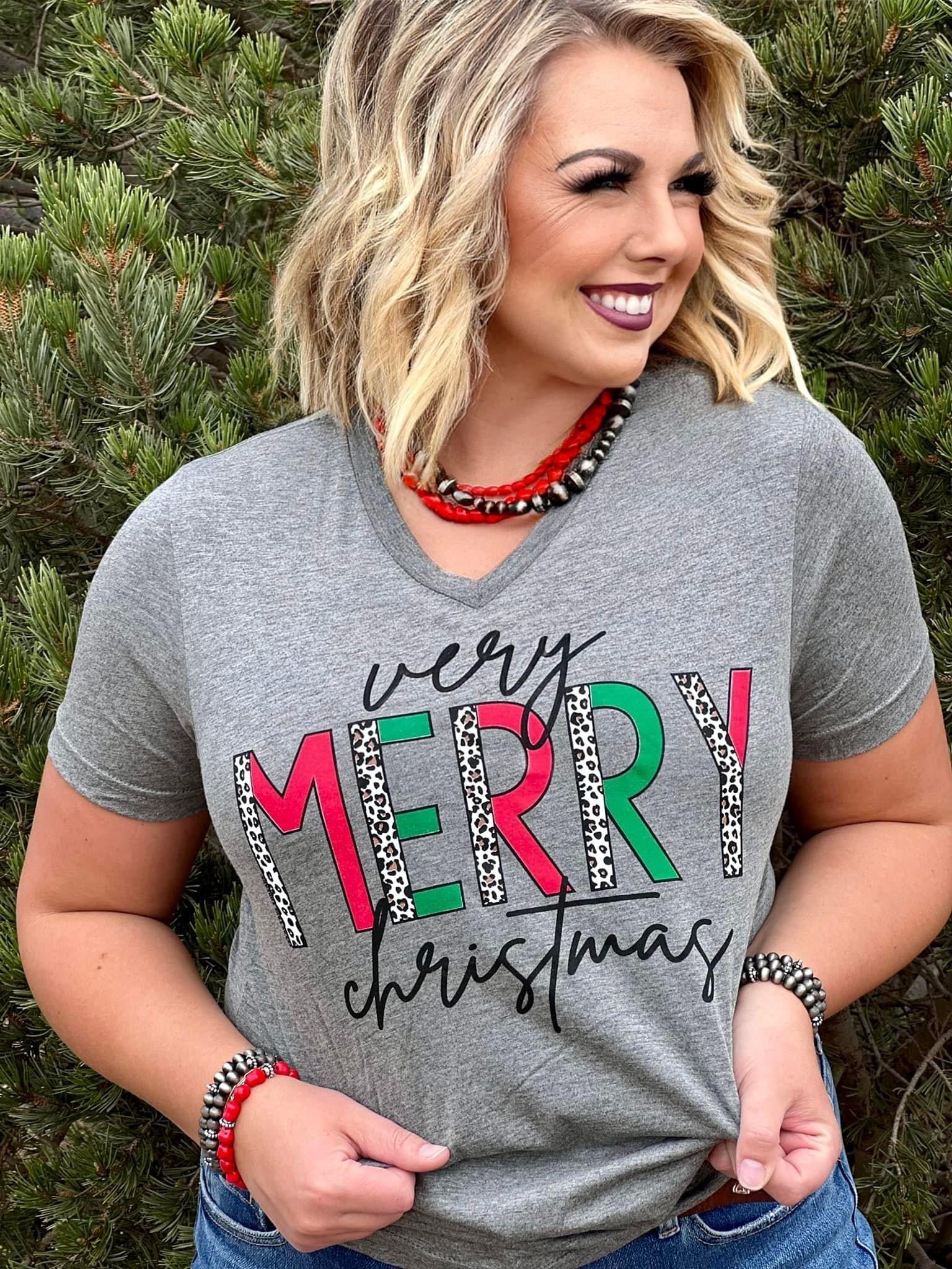 VERY MERRY CHRISTMAS V NECK LEOPARD TEE