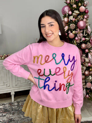 QUEEN OF SPARKLES MERRY EVERYTHING GLITTER SCRIPT SWEATER