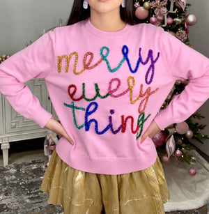 QUEEN OF SPARKLES MERRY EVERYTHING GLITTER SCRIPT SWEATER