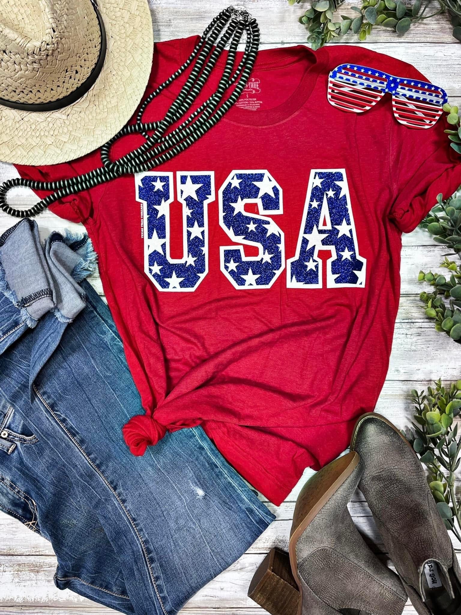 USA BLUE STAR GLITTER TEE