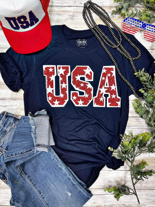 USA RED STAR GLITTER TEE