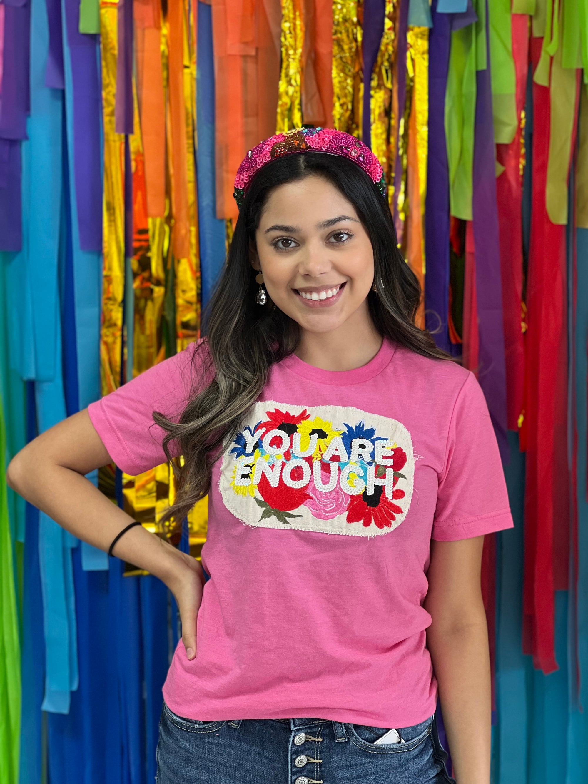YOU ARE ENOUGH EMBROIDERED SEQUINS TEE