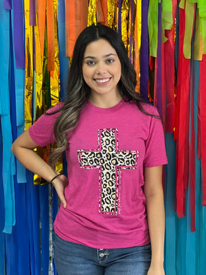 MAGENTA LEOPARD CROSS TEE