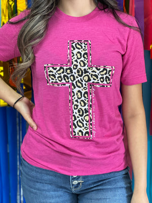 MAGENTA LEOPARD CROSS TEE