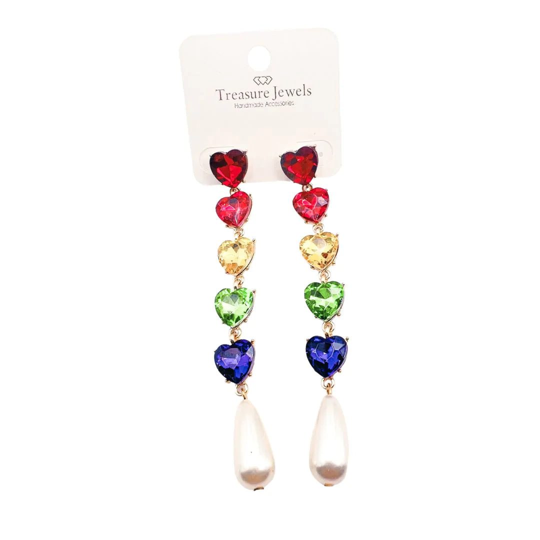 MULTI CRYSTAL HEART PEARL EARRINGS TREASURE JEWELS