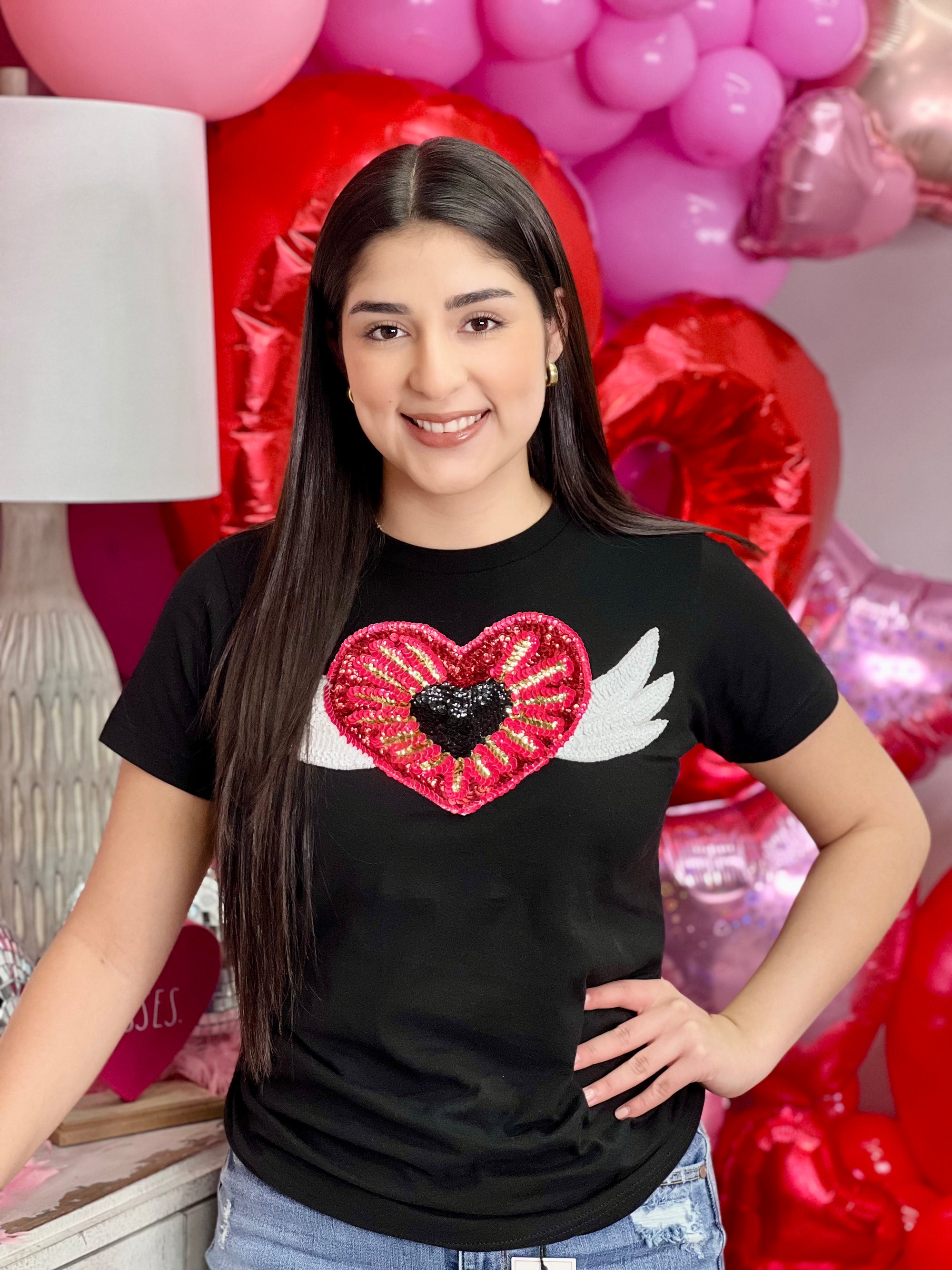 SEQUIN RED & BLACK HEART WITH GOLD WINGS TEE