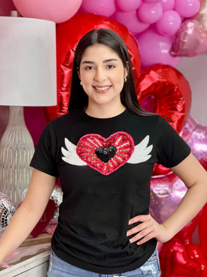 SEQUIN RED & BLACK HEART WITH GOLD WINGS TEE