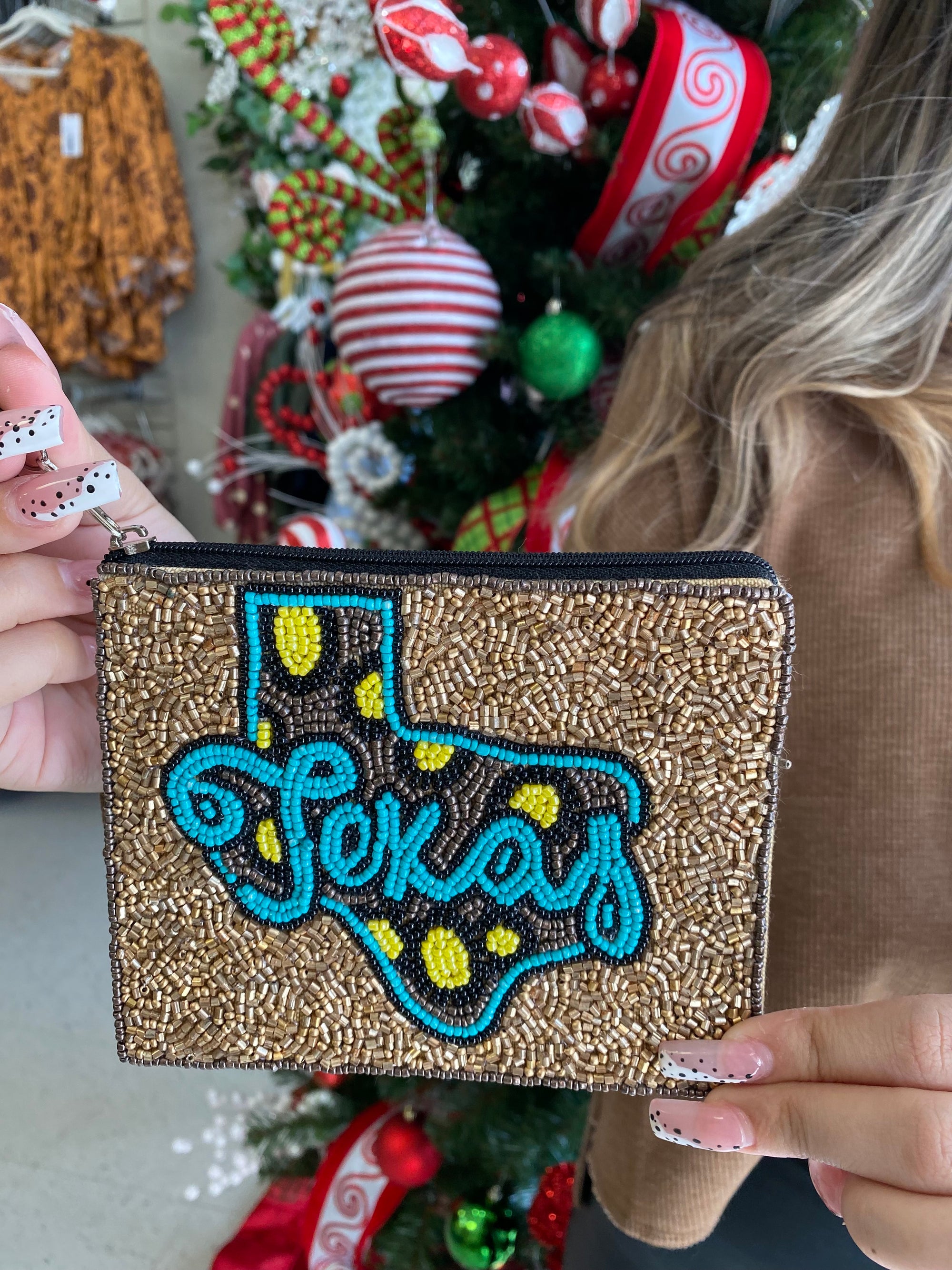 TEXAS LEOPARD GOLD BEADED POUCH