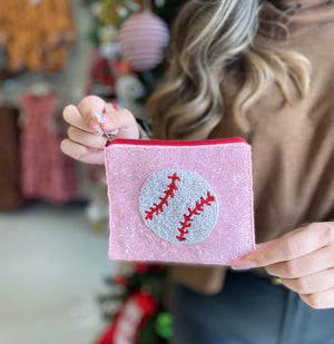 PINK BASEBALL BEADED POUCH