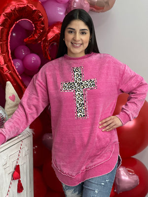 LEOPARD CROSS RASPBERRY SWEATSHIRT