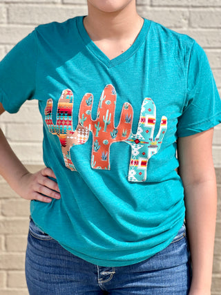 TEAL CACTUS TRIFECTA V NECK TEE