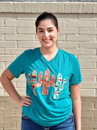 TEAL CACTUS TRIFECTA V NECK TEE
