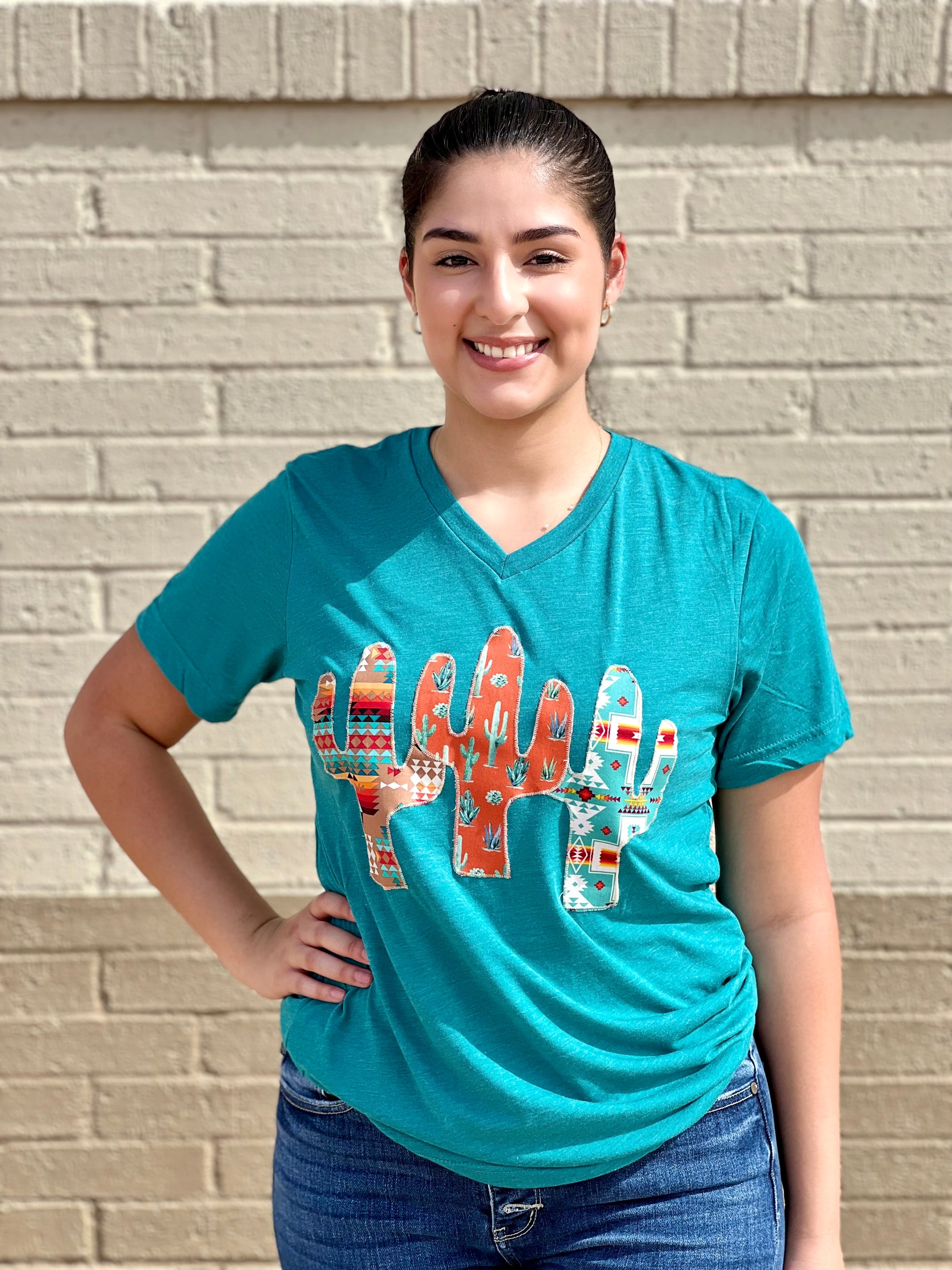 TEAL CACTUS TRIFECTA V NECK TEE