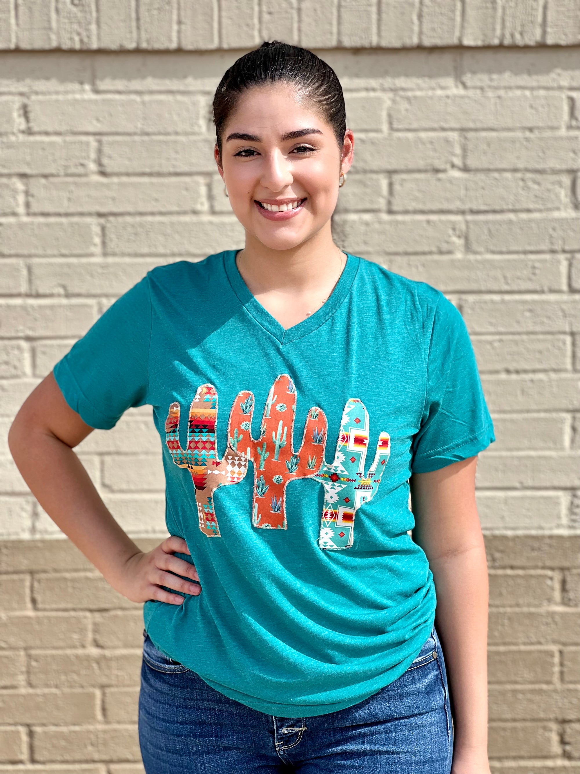 TEAL CACTUS TRIFECTA V NECK TEE