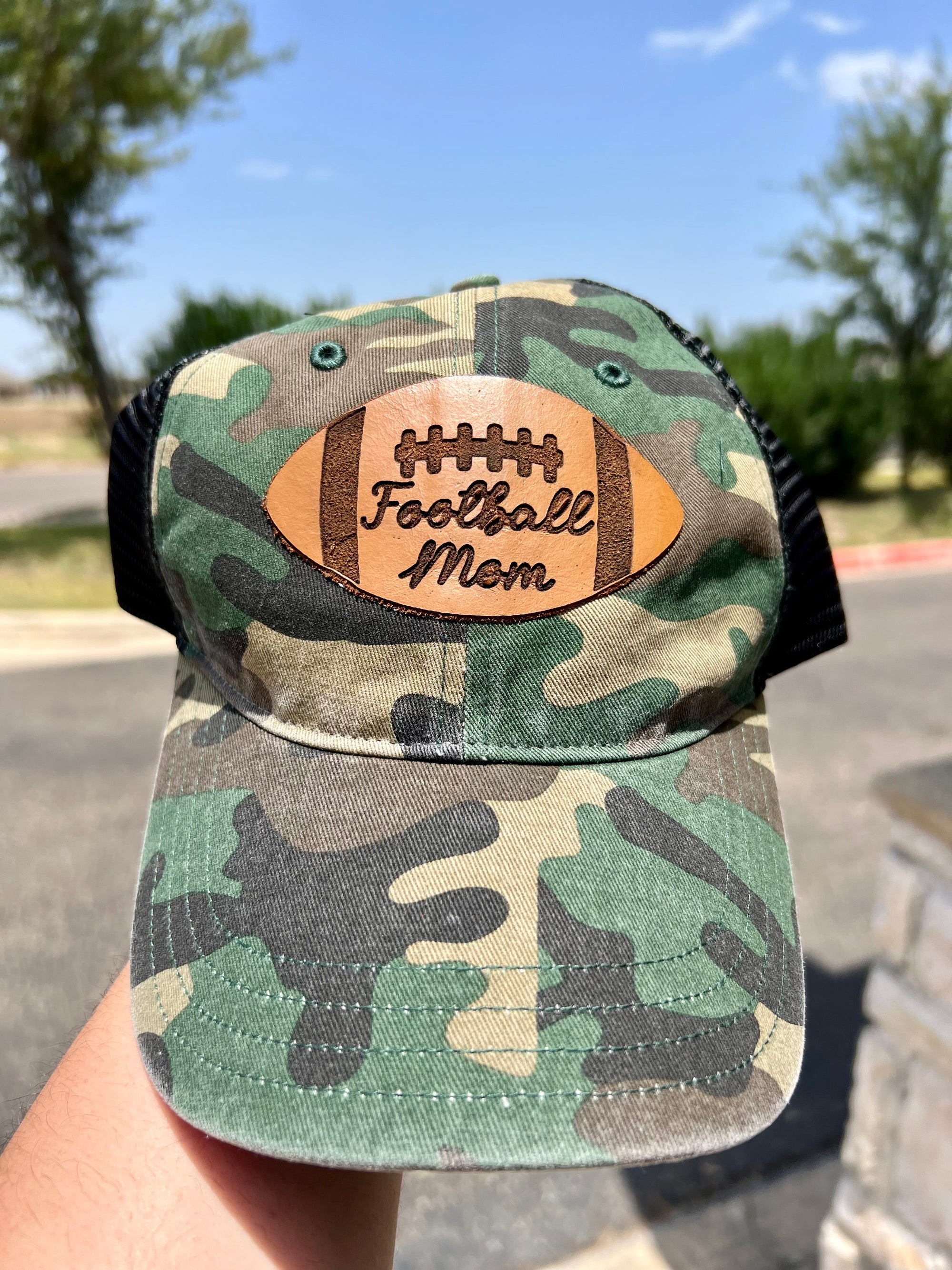 CAMO BLACK FOOTBALL MOM LEATHER PATCH CAP