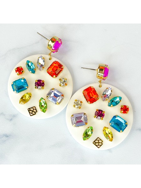 BRIANNA CANNON WHITE ROUND DROP EARRINGS WITH RAINBOW CRYSTALS