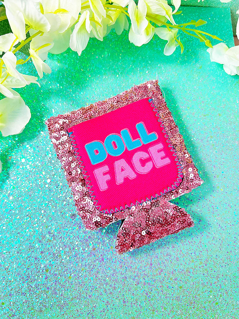 DOLL FACE LIGHT PINK SEQUIN CAN COOLER