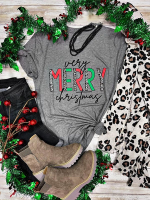 VERY MERRY CHRISTMAS V NECK LEOPARD TEE