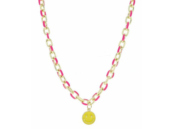 HOT PINK ENAMEL CHAIN AND YELLOW ENAMEL HAPPY FACE DISC NECKLACE