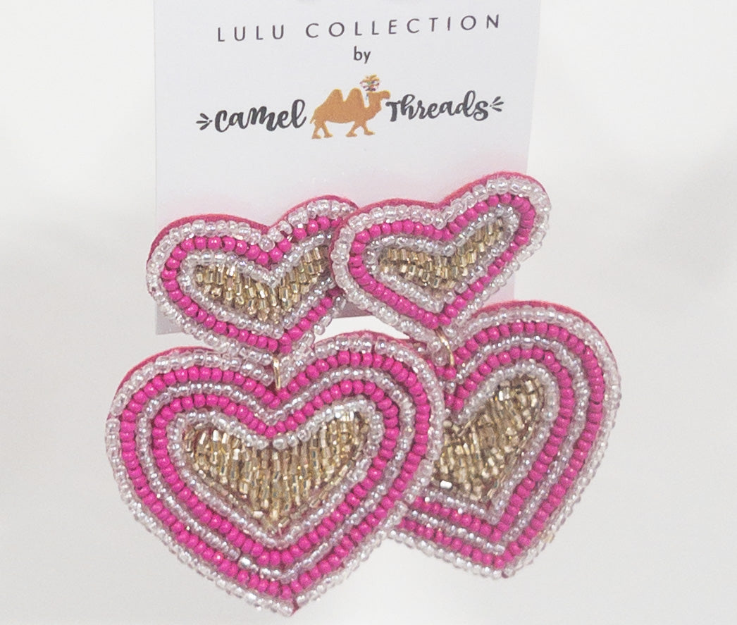 CAMEL THREAD 04 DOUBLE POST BEADED HEART PINK GOLD