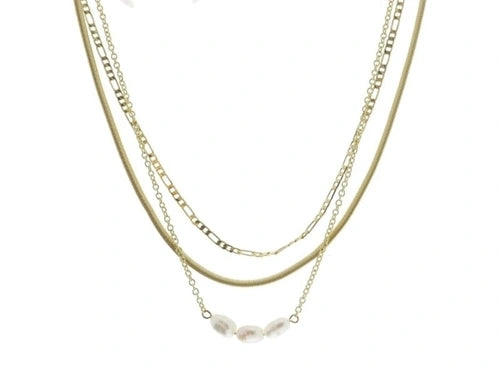 JANE MARIE 3 STRAND, MULTI CHAIN WITH SATELLITE, SNAKE CHAIN, PETITE PAPERCLIP WITH CYLINDER PEARLS NECKLACE