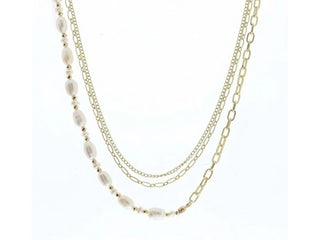 3 STRAND, MULTI CHAIN WITH CURB, HALF OVAL LINK WITH HALF MULTI PEARLS AND BEADS NECKLACE