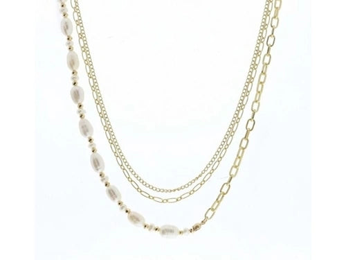 3 STRAND, MULTI CHAIN WITH CURB, HALF OVAL LINK WITH HALF MULTI PEARLS AND BEADS NECKLACE