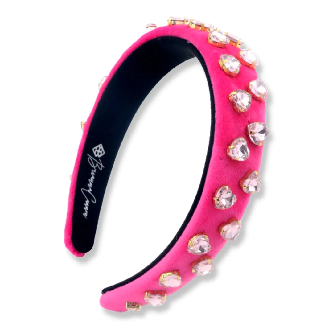 THIN HOT PINK VELVET HEADBAND WITH LIGHT PINK HEART CRYSTALS