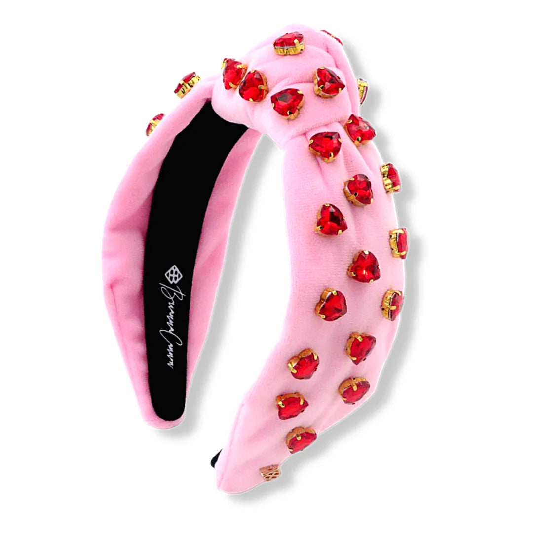 PINK VELVET HEADBAND WITH RED CRYSTAL HEARTS