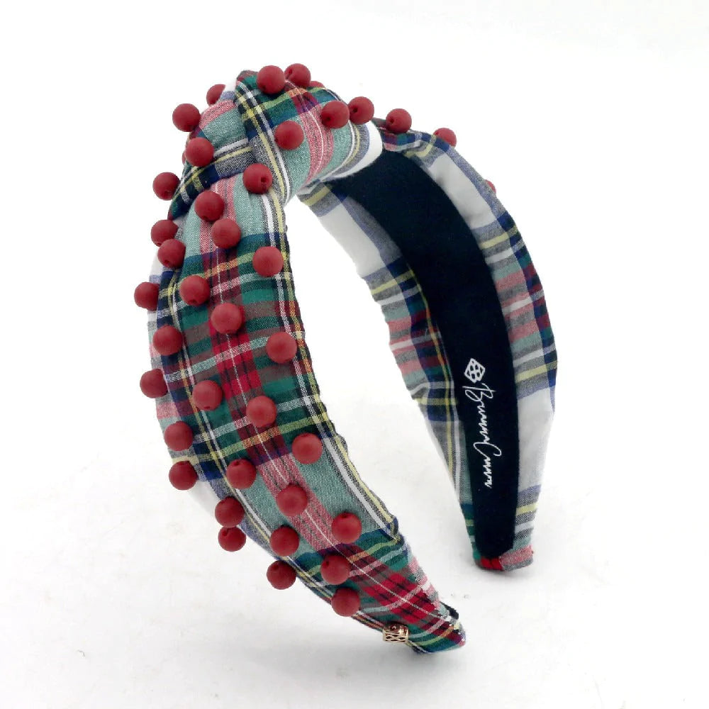 WHITE TARTAN PLAID HEADBAND WITH RED BEADS