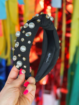 BLACK TWILL HEADBAND WITH LARGE PEARLS AND CRYSTALS