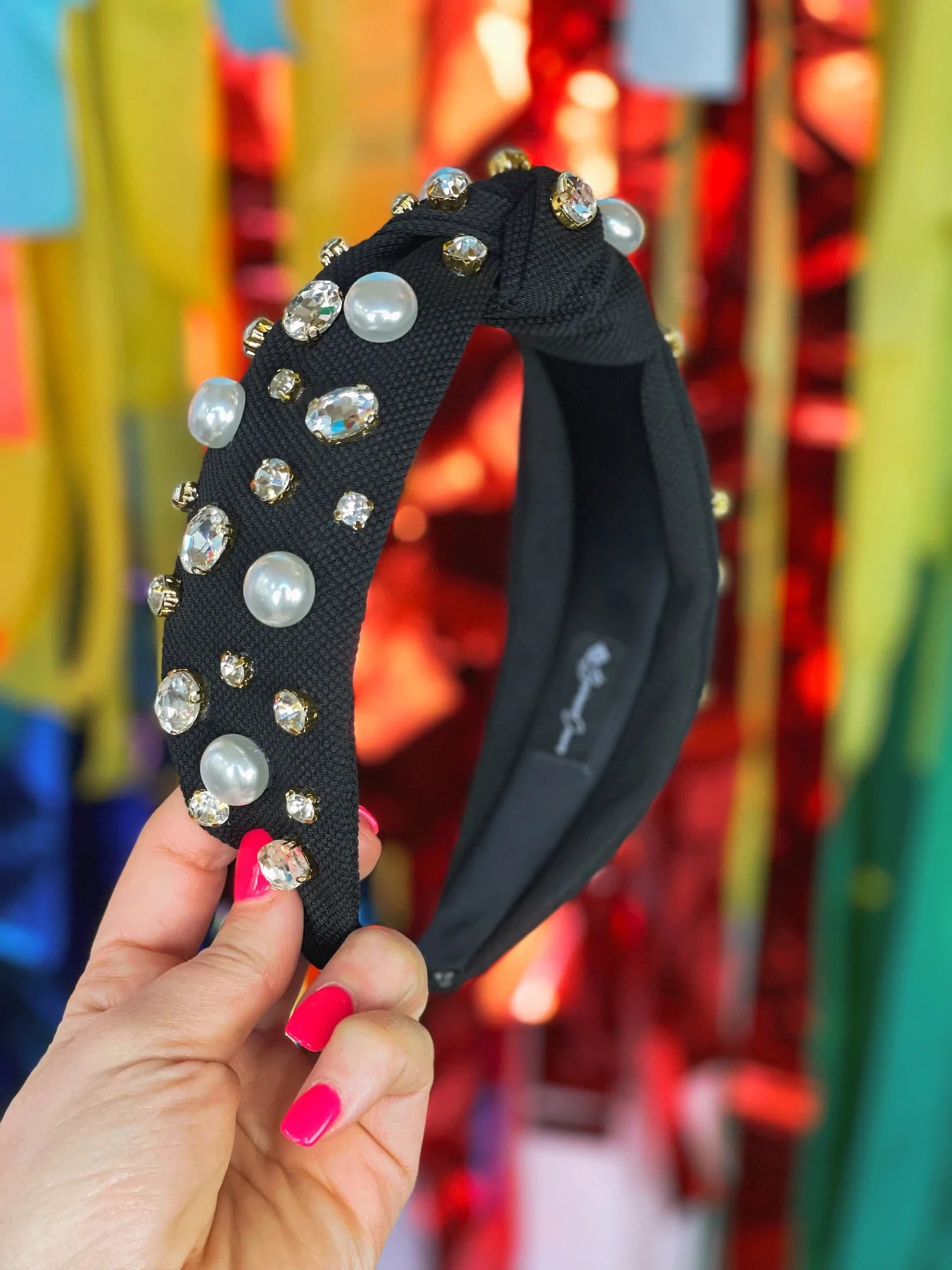 BLACK TWILL HEADBAND WITH LARGE PEARLS AND CRYSTALS