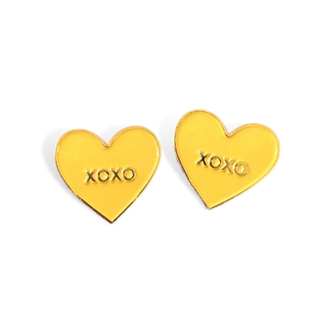 XOXO YELLOW CONVERSATION HEART ENAMEL STUDS