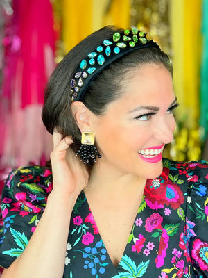 THIN BLACK VELVET HEADBAND WITH RAINBOW GRADIENT HAND-SEWN CRYSTALS