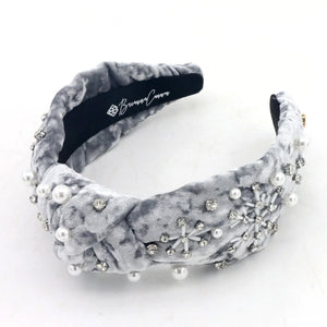 CRUSHED VELVET HEADBAND WITH CRYSTAL SNOWFLAKES AND PEARLS