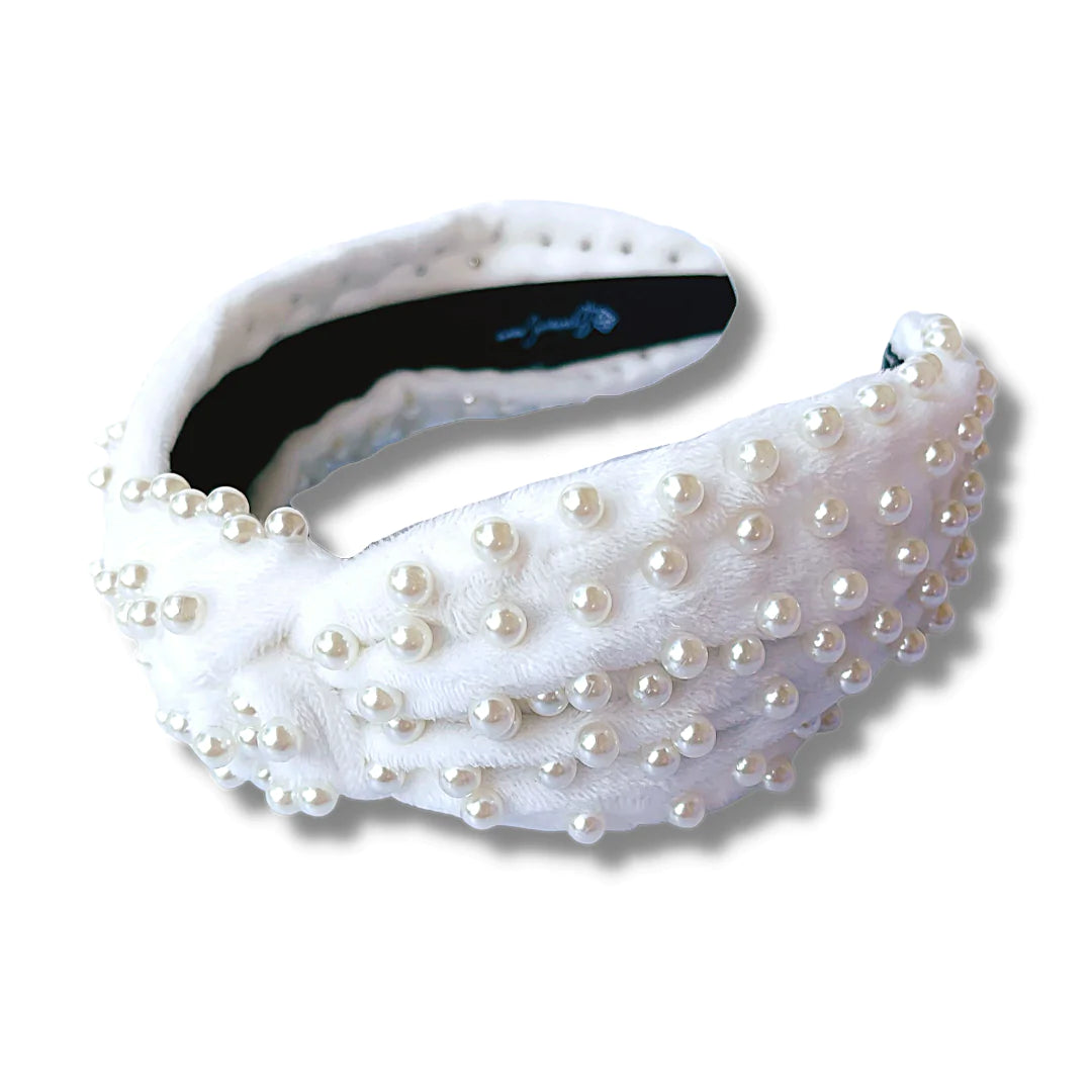 WHITE VELVET KNOTTED HEADBAND WITH PEARLS