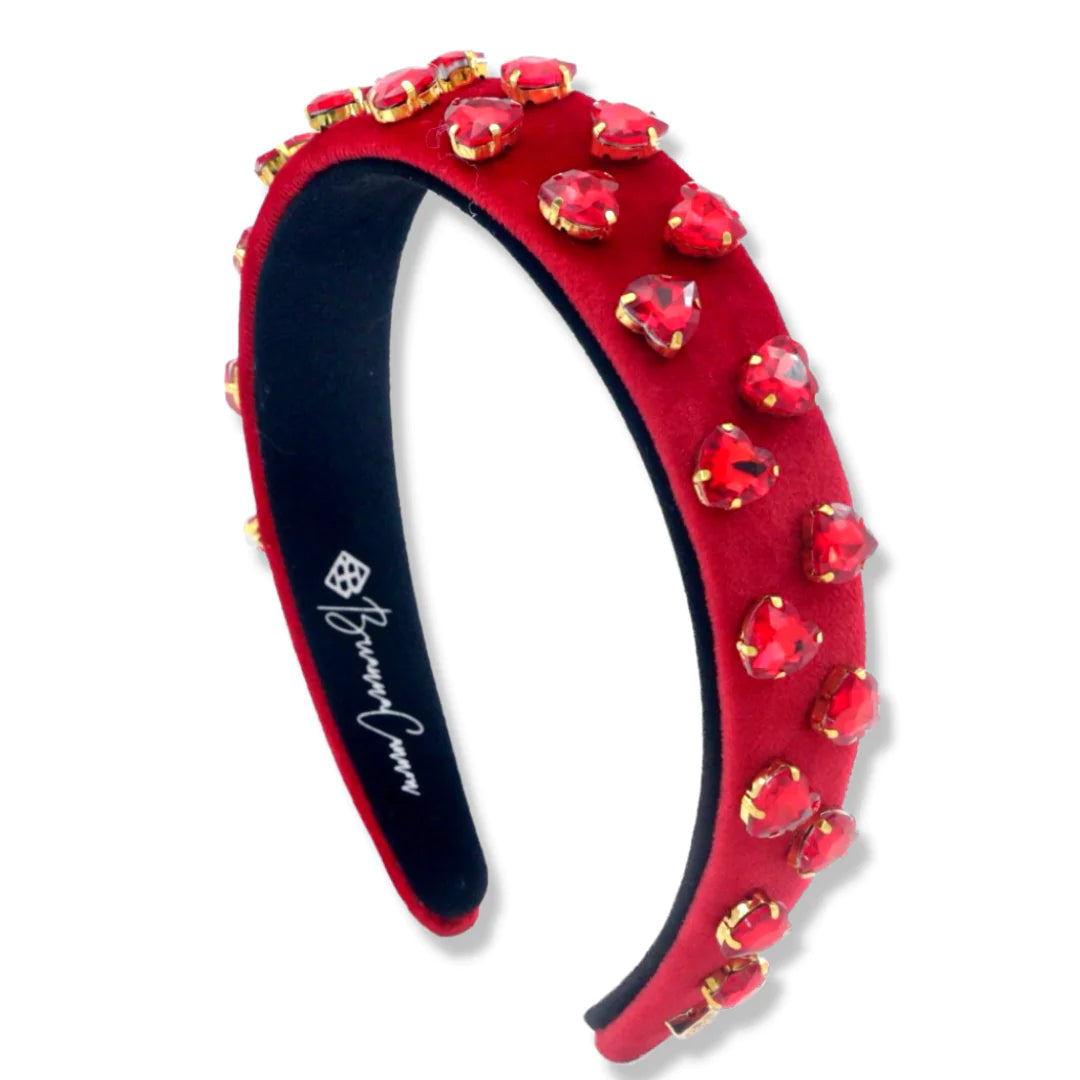 THIN RED VELVET HEADBAND WITH RED HEART CRYSTALS