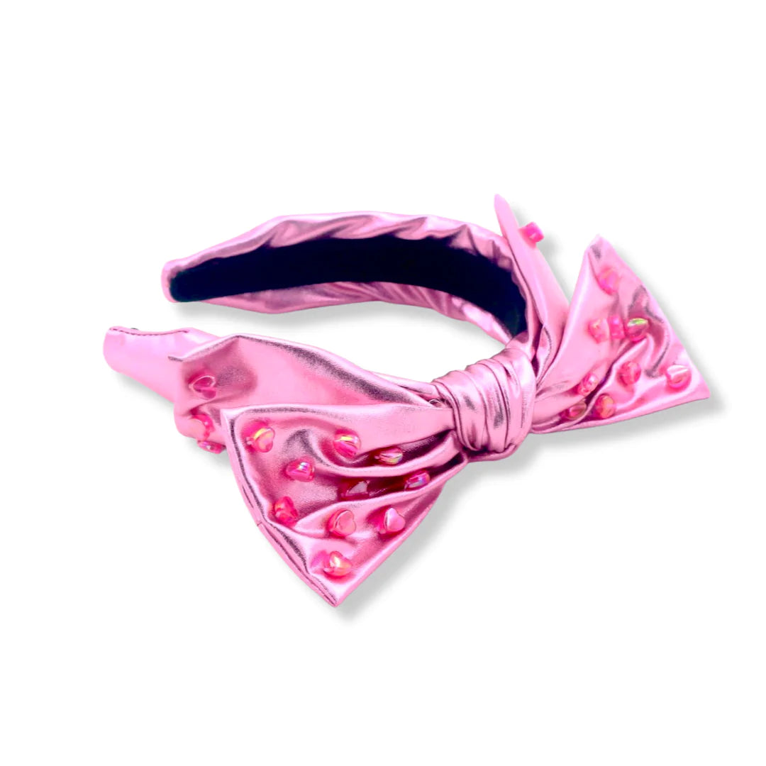 CHILD SIZE PINK BOW HEADBAND WITH HEART BEADS