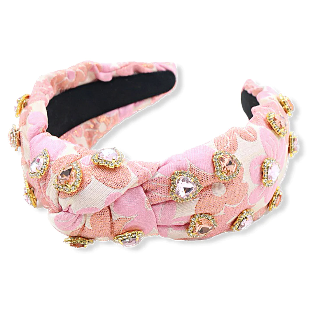 PINK FLOWER HEADBAND WITH PAVÉ HEART CRYSTALS