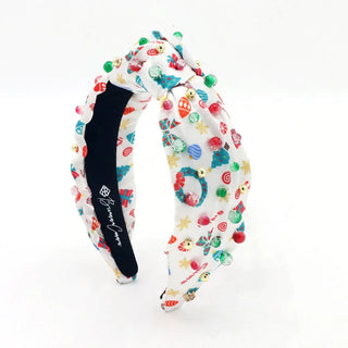 CHILD SIZE WHITE SATIN HEADBAND WITH CHRISTMAS PRINT
