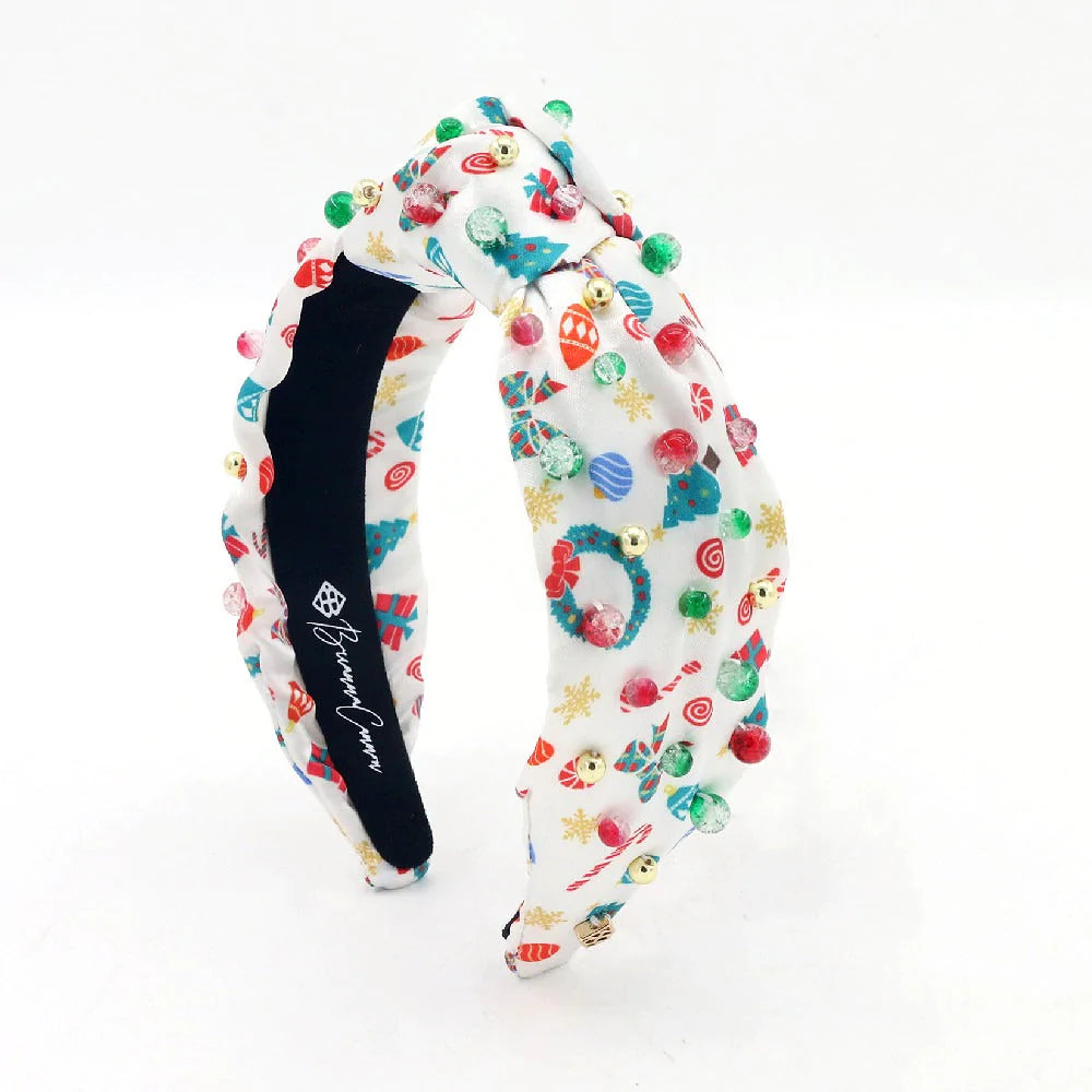 CHILD SIZE WHITE SATIN HEADBAND WITH CHRISTMAS PRINT