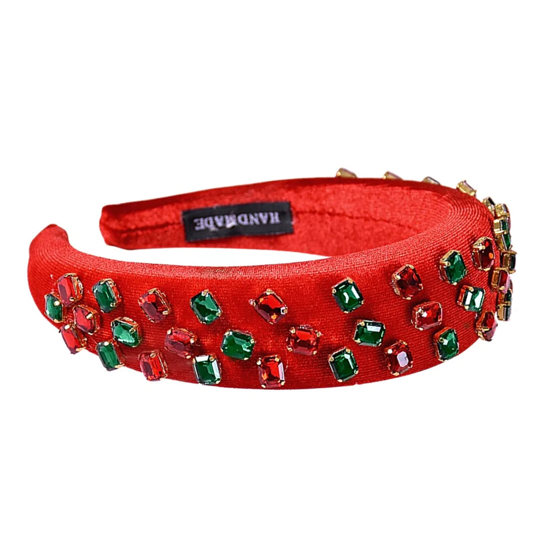 RED VELVET HEADBAND WITH GREEN AND RED CRYSTALS