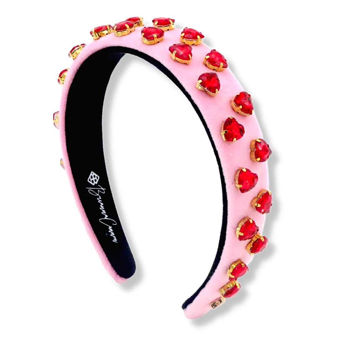 PINK VELVET THIN HEADBAND WITH RED HEART CRYSTALS