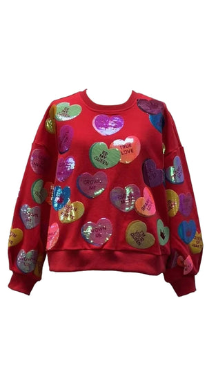 Queen of Sparkles Red Sequin Candy Heart Sweatshirt