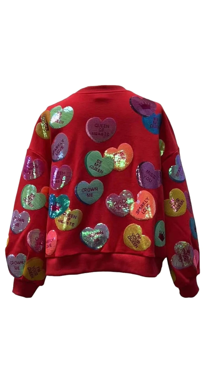 Queen of Sparkles Red Sequin Candy Heart Sweatshirt