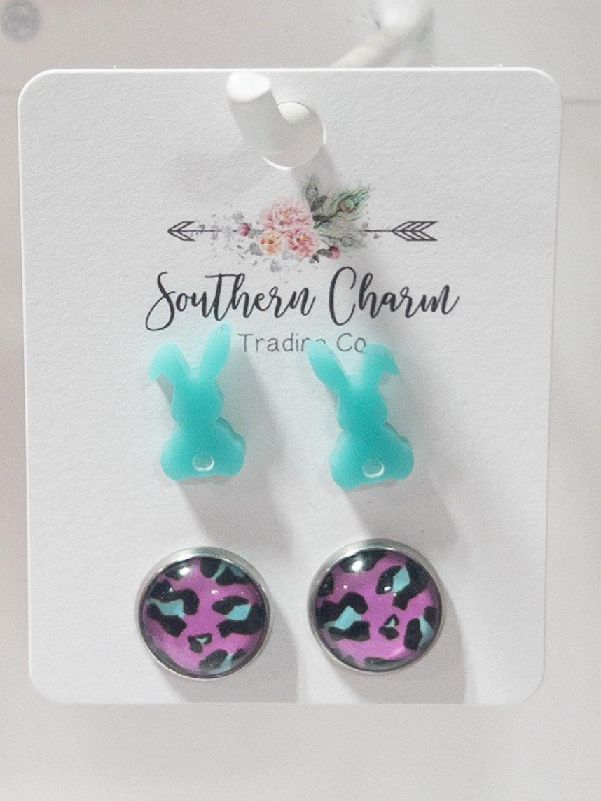 TEAL BUNNY 2 PACK SOUTHERN CHARM STUDS