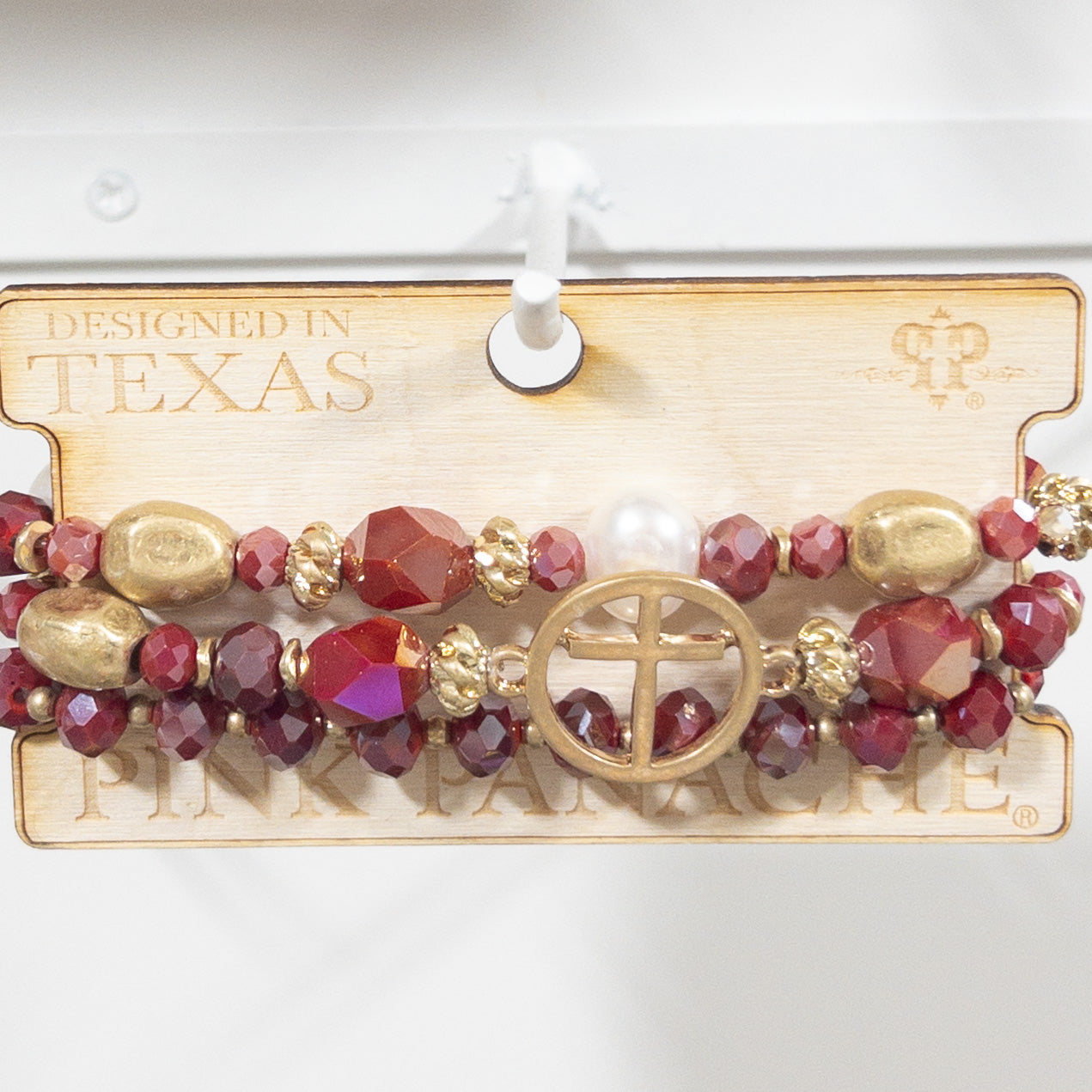 WINE CROSS GOLD 3 STRAND PINK PANACHE BRACELET SET