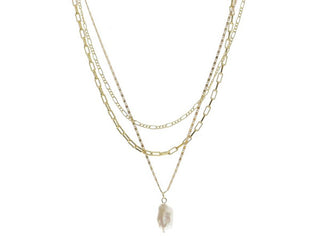 3 STRAND, MULTI CHAIN WITH FIGARO, PAPERCLIP, SCROLL WITH PEARL NECKLACE