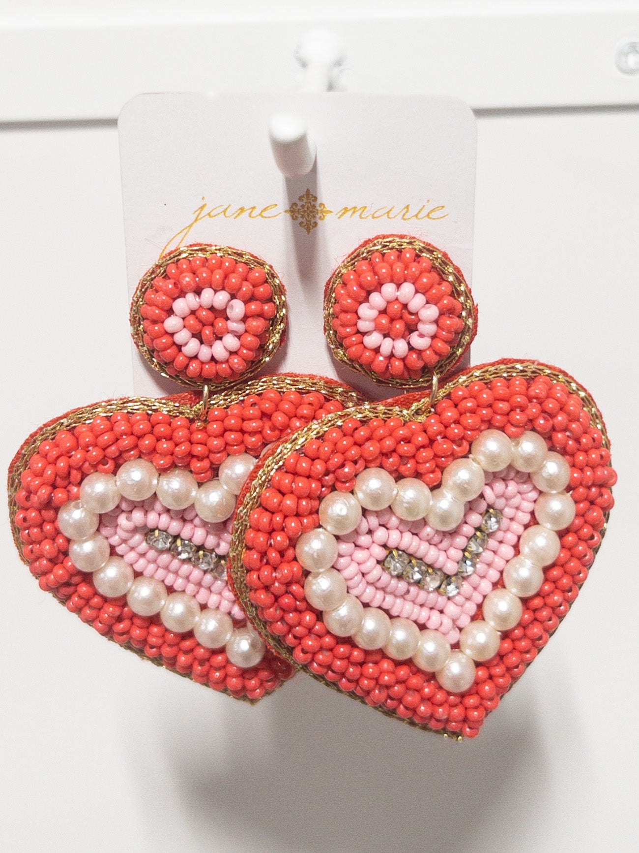 JANE MARIE BEADED HEART WITH PEARL PINK RED