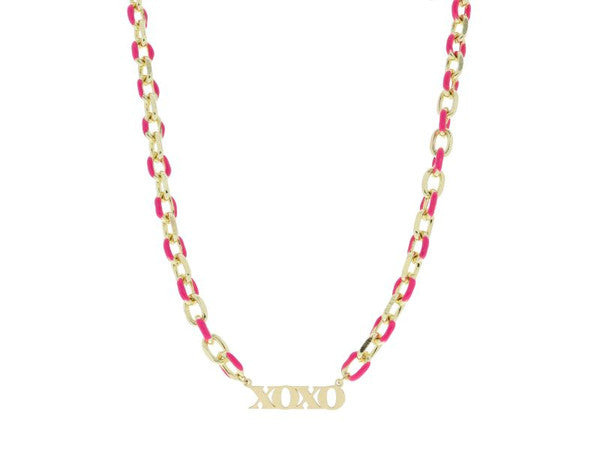 HOT PINK ENAMEL CHAIN WITH GOLD "XOXO" BAR NECKLACE